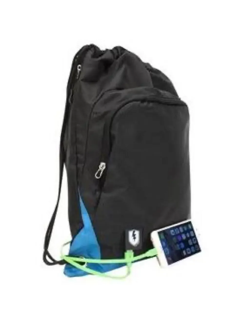 M Edge Tech Sackpack with Rechargeable portable phone battery NWT BLACK/ Blue